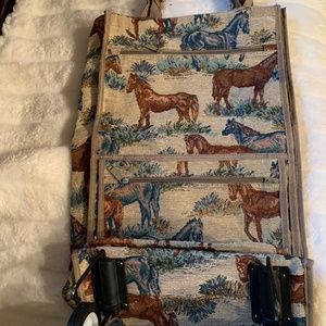 COPY - LUGGAGE WEEKENDER PIONEER EXPRESS TAPESTRY HORSES THEME WHEELS HANDLES Z…